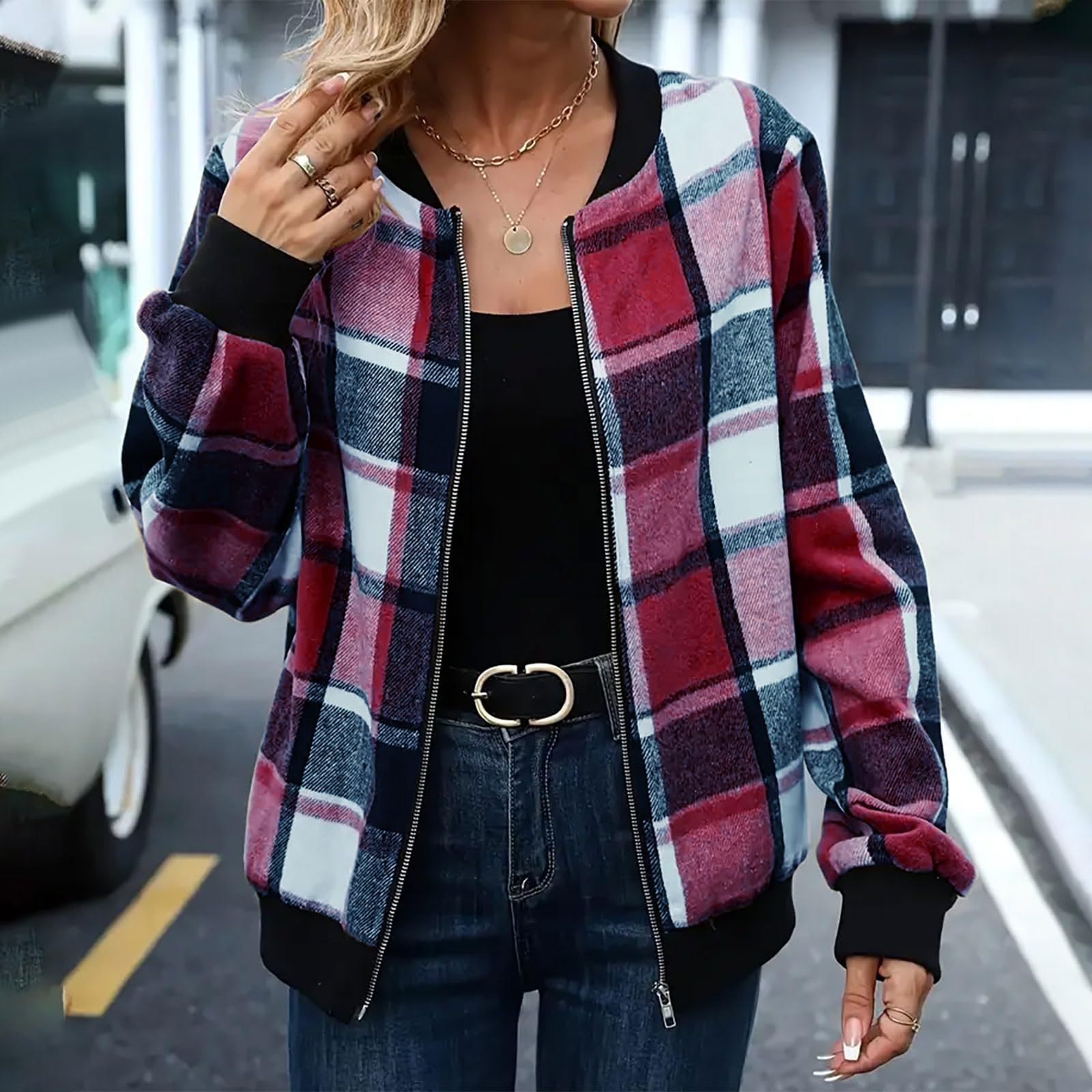 AutumnWinter Plaid Zip-Up Baseball Jacket Coat