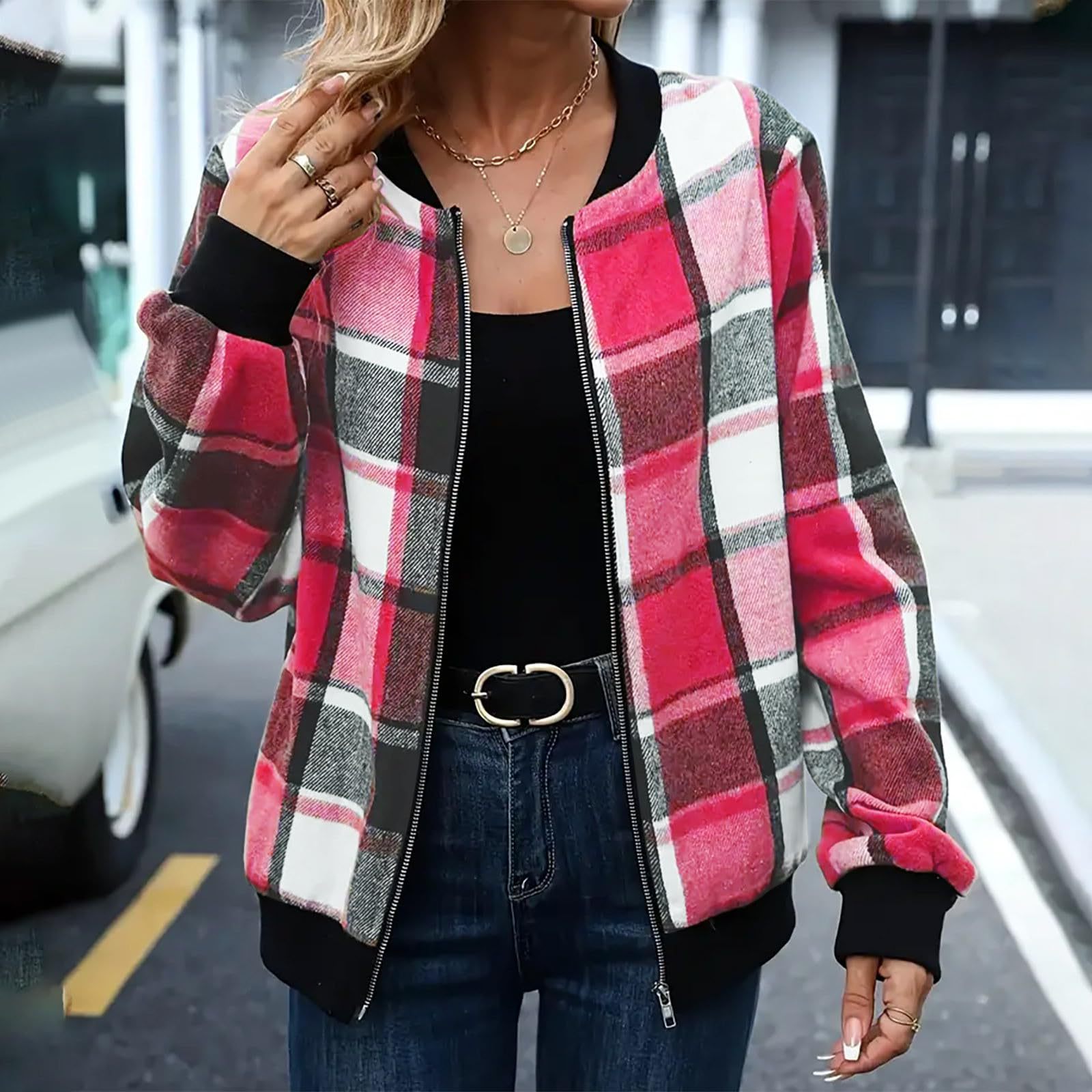AutumnWinter Plaid Zip-Up Baseball Jacket Coat