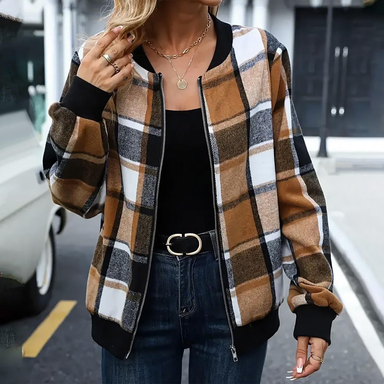 AutumnWinter Plaid Zip-Up Baseball Jacket Coat