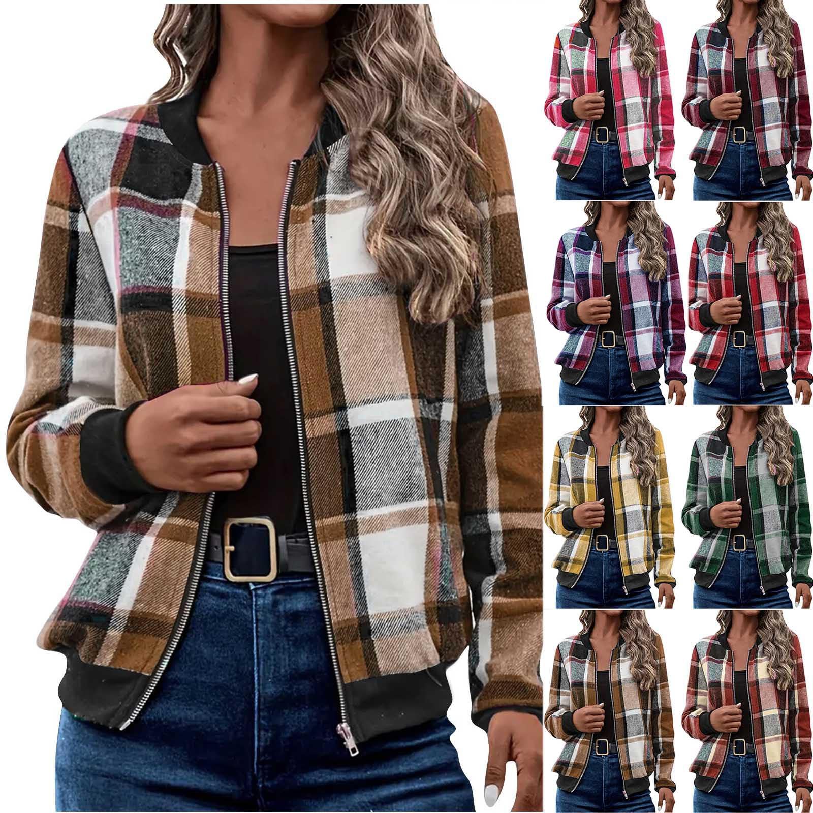 AutumnWinter Plaid Zip-Up Baseball Jacket Coat
